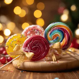 Homemade lollipops in colorful shapes and flavors, wrapped with ribbons
