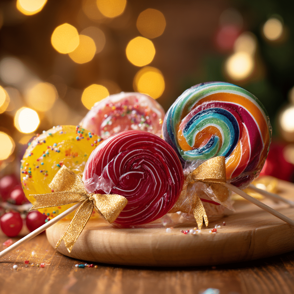 Homemade lollipops in colorful shapes and flavors, wrapped with ribbons