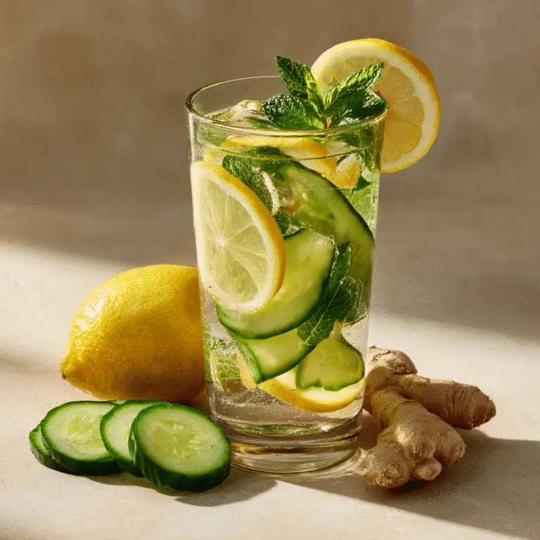 Ice Water Hack recipe weight loss drink served with ice, lemon, cucumber, ginger, and mint