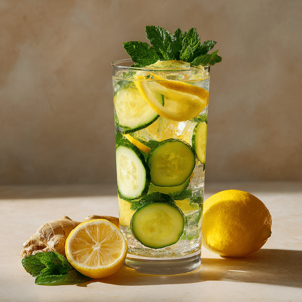 Ice Water Hack weight loss drink served with ice, lemon, cucumber, ginger, and mint