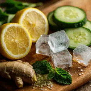 Key ingredients for Ice Water Hack recipe weight loss drink: ice cubes, lemon, cucumber, ginger, and mint