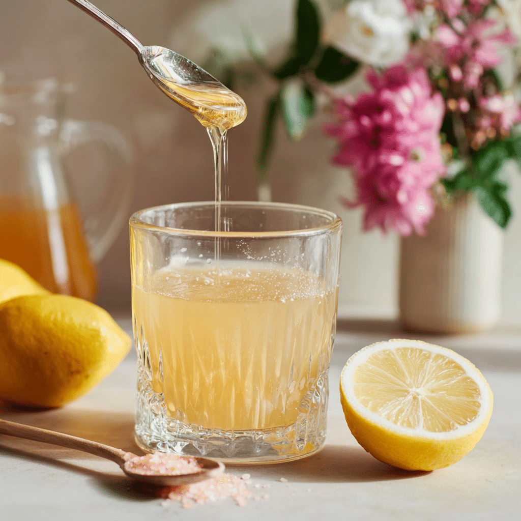 Adding fresh lemon juice and honey to the Viral Pink Salt Drink.