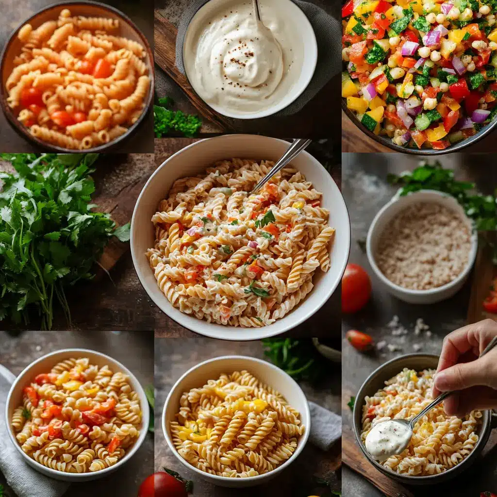 Step-by-step process of making creamy pasta salad, from cooking pasta to adding vegetables and mixing
