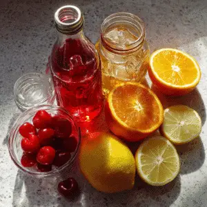 Ingredients for a Shirley Temple drink: ginger ale, grenadine, maraschino cherries