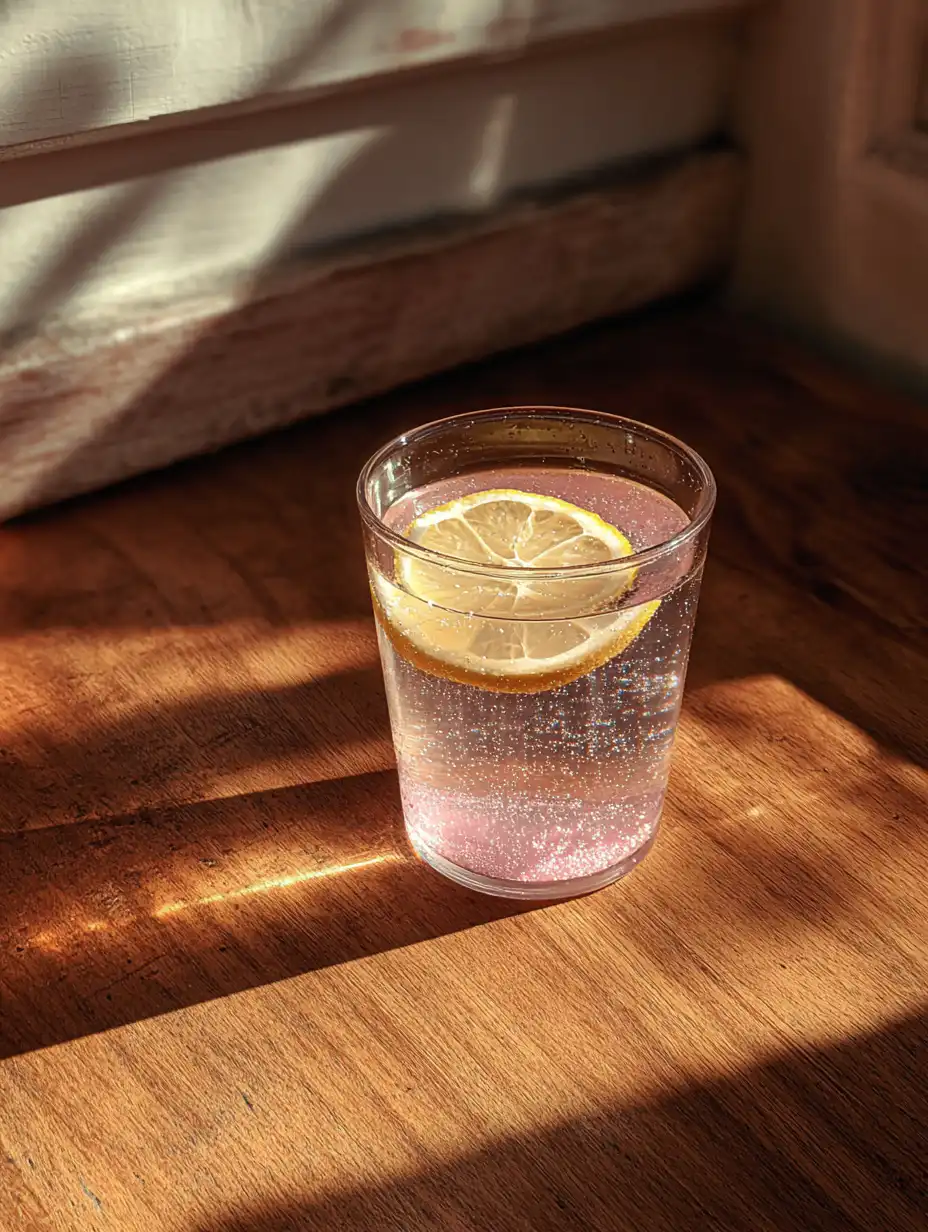 viral pink salt drink in a clear glass with Himalayan pink salt and lemon on wooden table