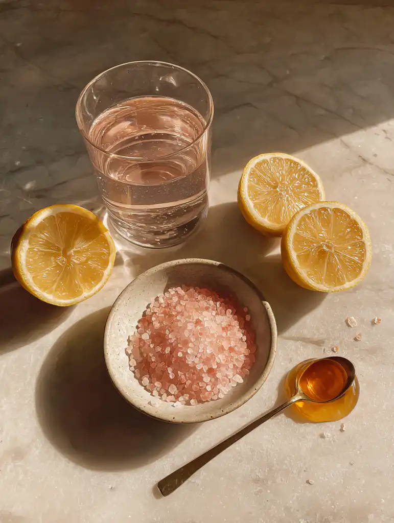 viral pink salt drink ingredients including Himalayan pink salt water lemon and honey on marble surface