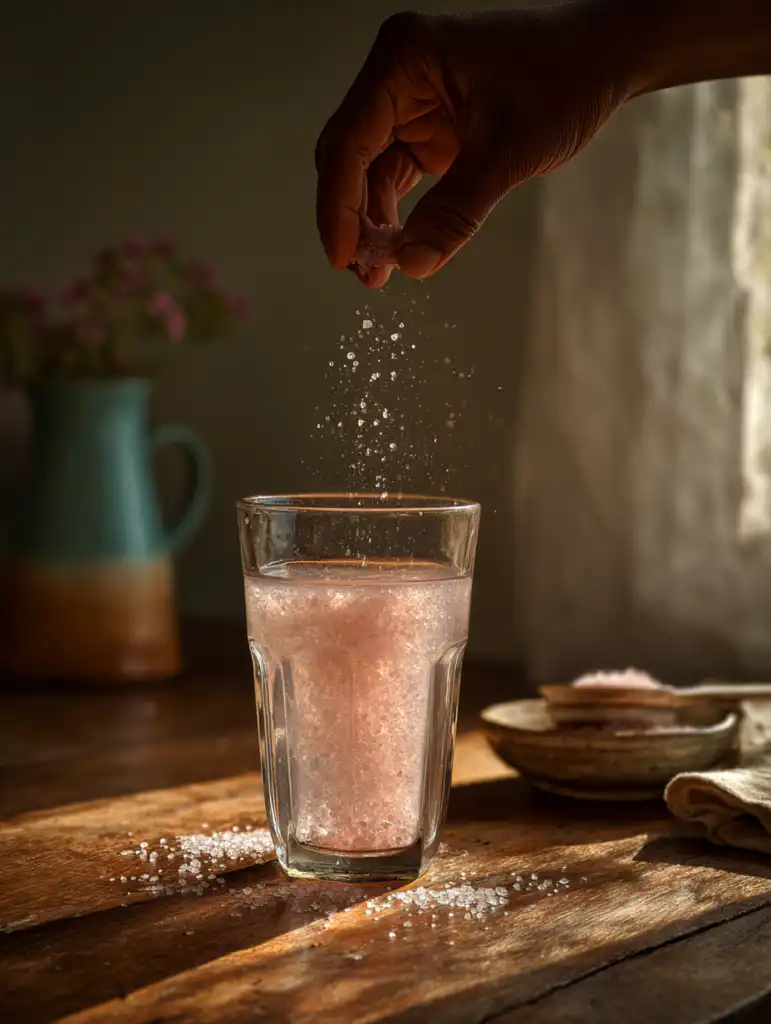 viral pink salt drink step adding pink Himalayan salt into water for mixing