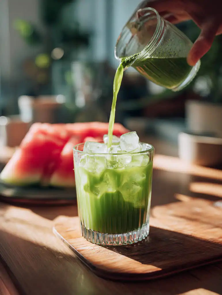 Watermelon matcha lemonade preparation pouring matcha over watermelon juice to create layers