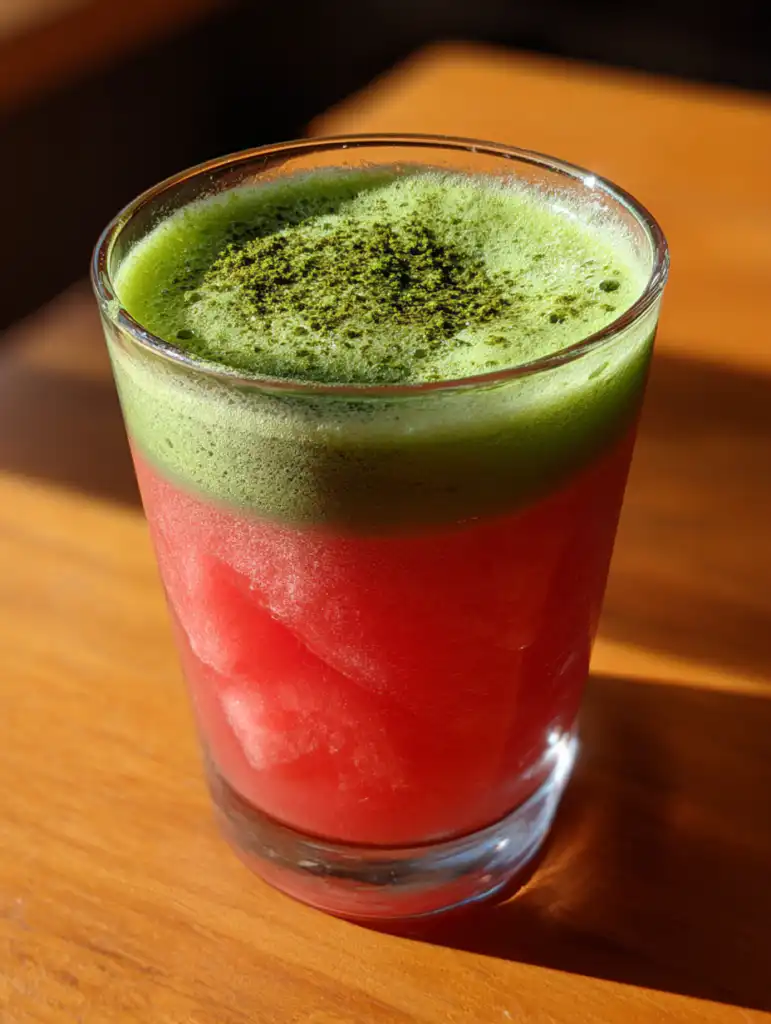 Watermelon matcha lemonade layered drink in glass with fresh colors on wooden table