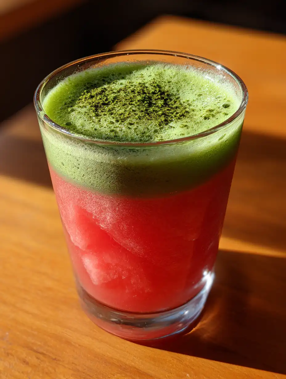Watermelon matcha lemonade layered drink in glass with fresh colors on wooden table