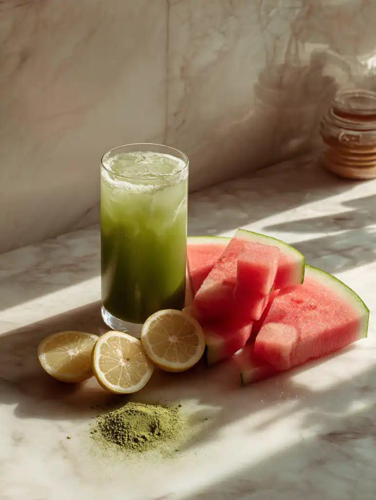 Watermelon matcha lemonade ingredients including watermelon lemon and matcha on marble surface