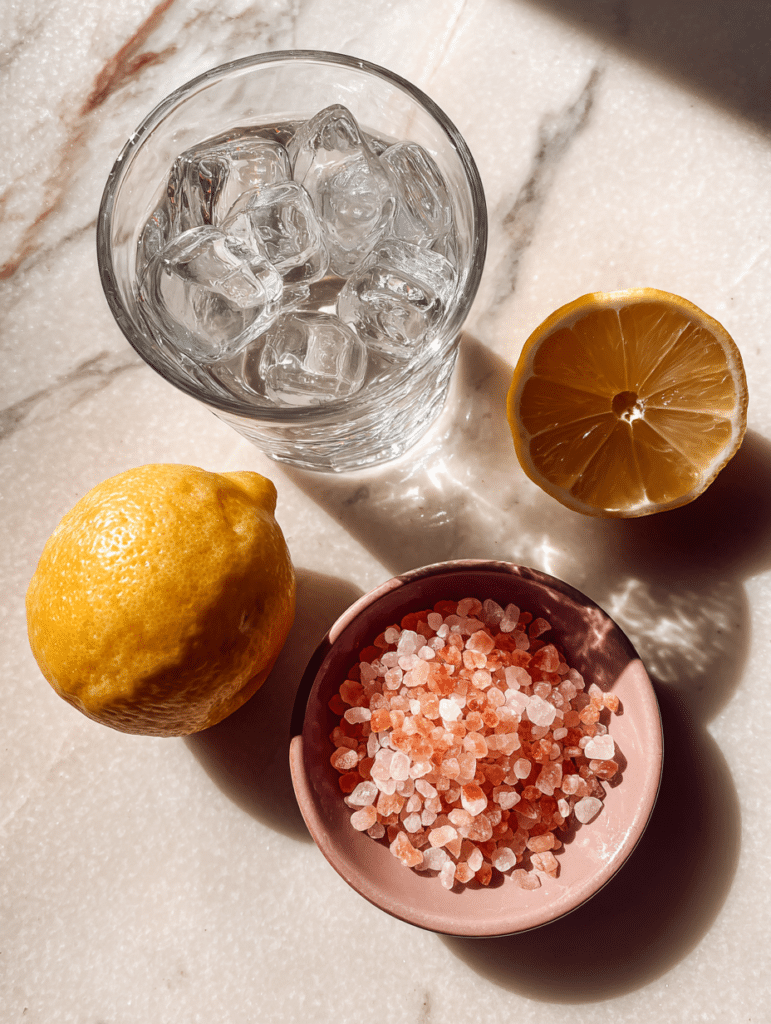 pink salt and ice recipe for weight loss ingredients including Himalayan pink salt ice water and lemon on marble surface