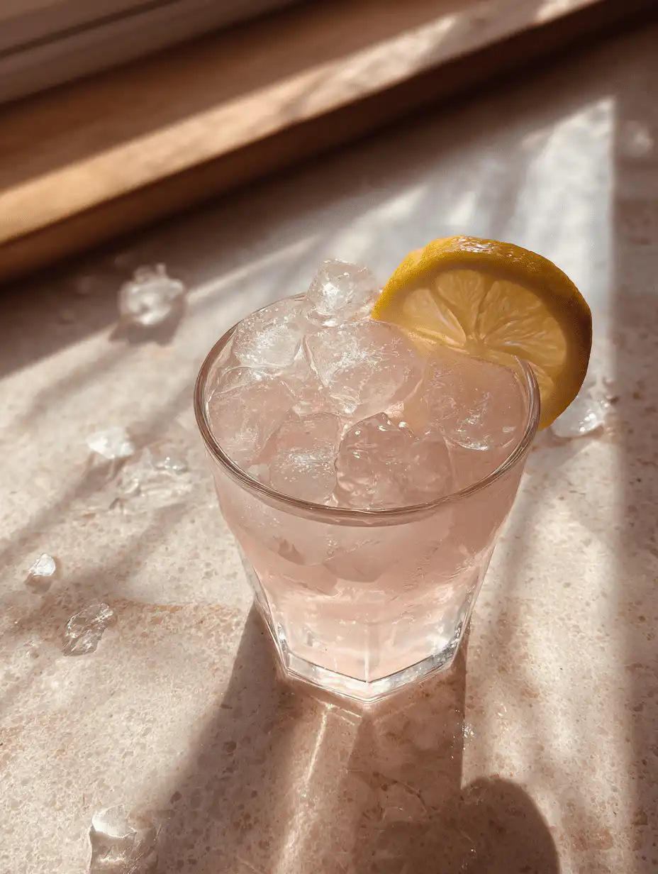 pink salt and ice recipe for weight loss in a clear glass with ice cubes and lemon on a wooden counter