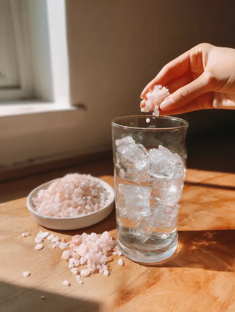 pink salt and ice recipe for weight loss preparation adding Himalayan pink salt into cold water with ice