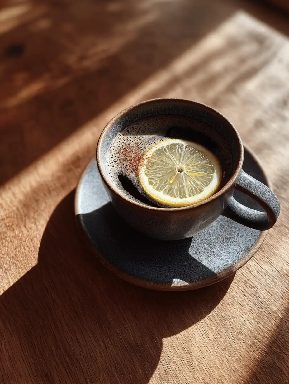 Coffee loophole recipe black coffee with lemon and cinnamon in cup on wooden table