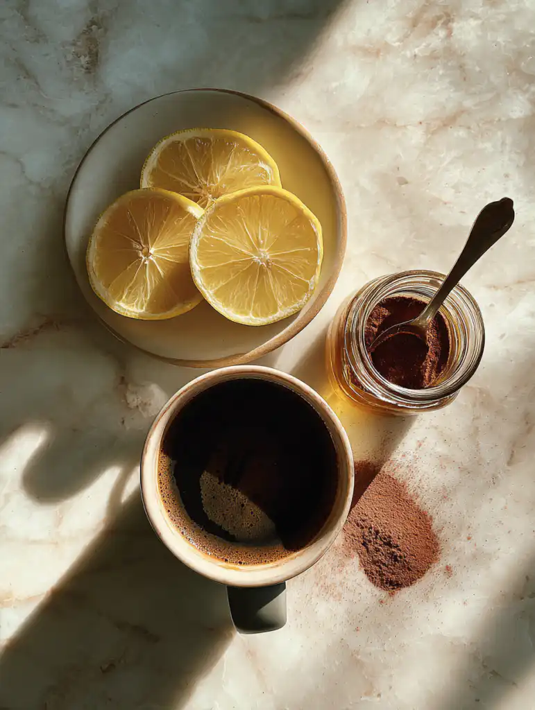 Coffee loophole recipe ingredients including black coffee lemon cinnamon and honey on marble surface