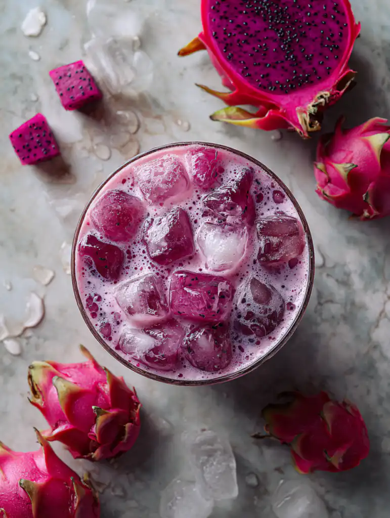 Dragon drink recipe ingredients including dragon fruit coconut milk juice and ice on marble surface
