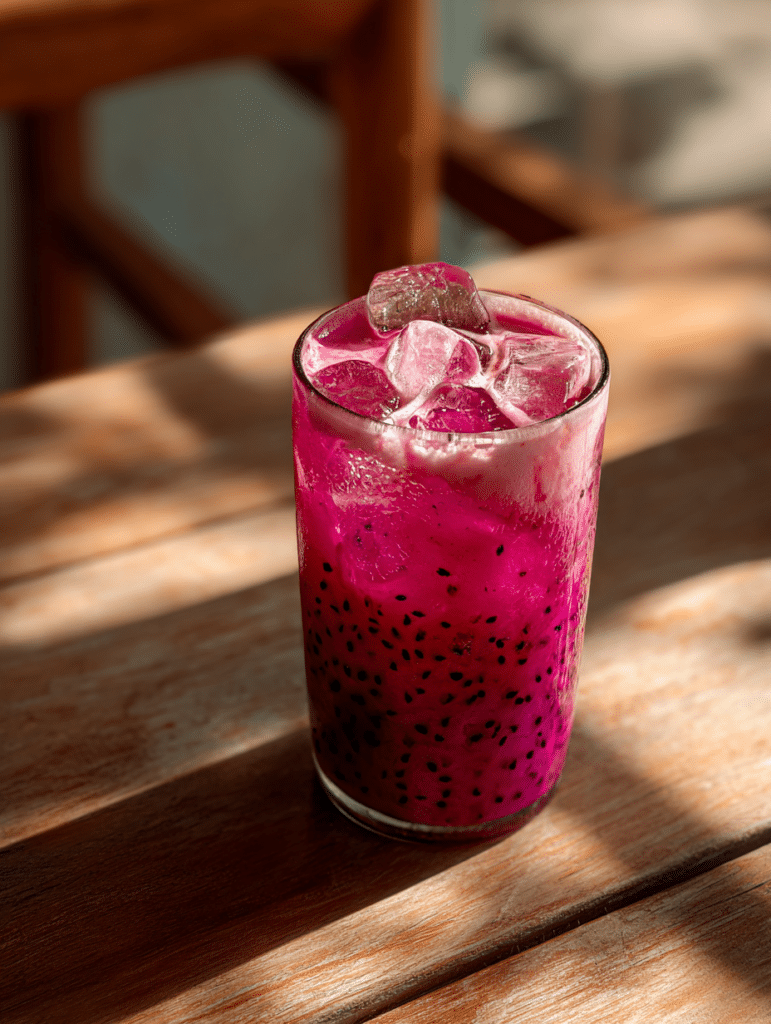 Dragon drink recipe pink dragon fruit drink with coconut milk and ice in clear glass