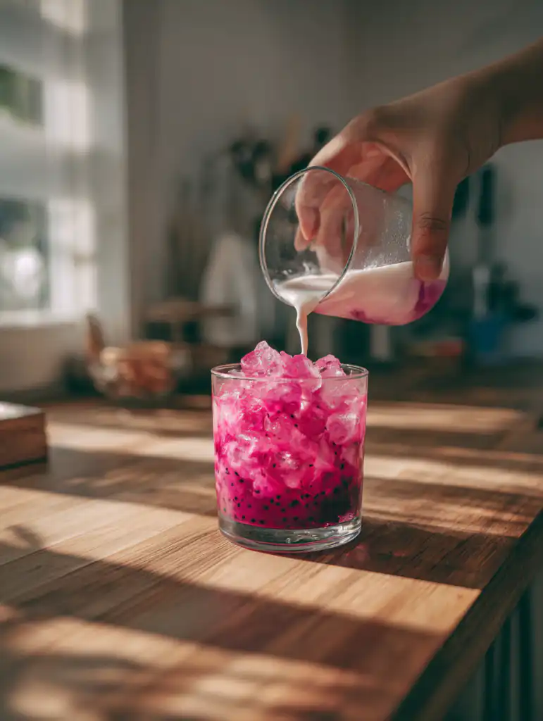 Dragon drink recipe preparation pouring dragon fruit mixture into glass with coconut milk and ice