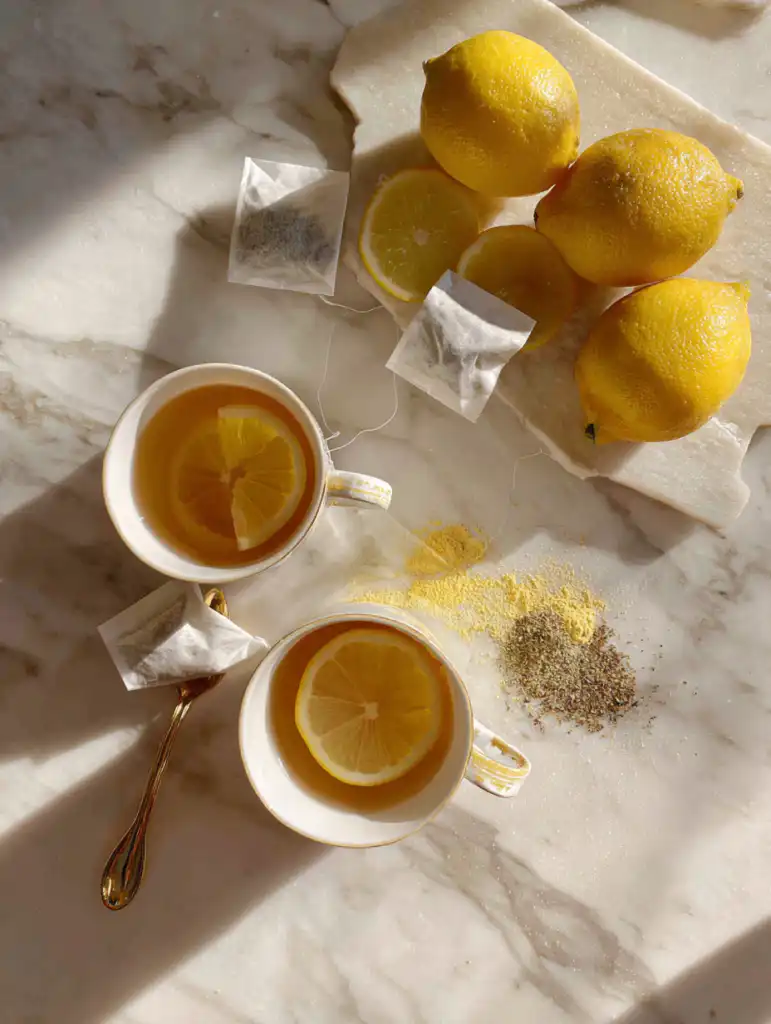 Loaded tea recipe ingredients including tea citrus powders lemon and ice on marble surface