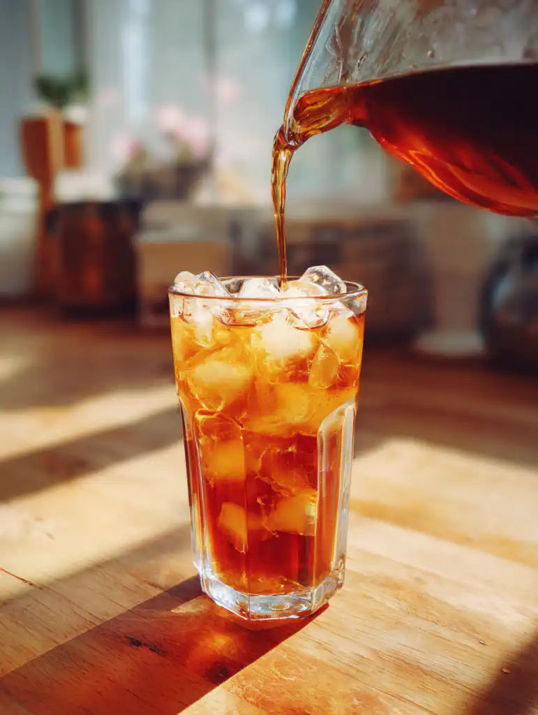 Loaded tea recipe preparation pouring tea over ice to create layered drink