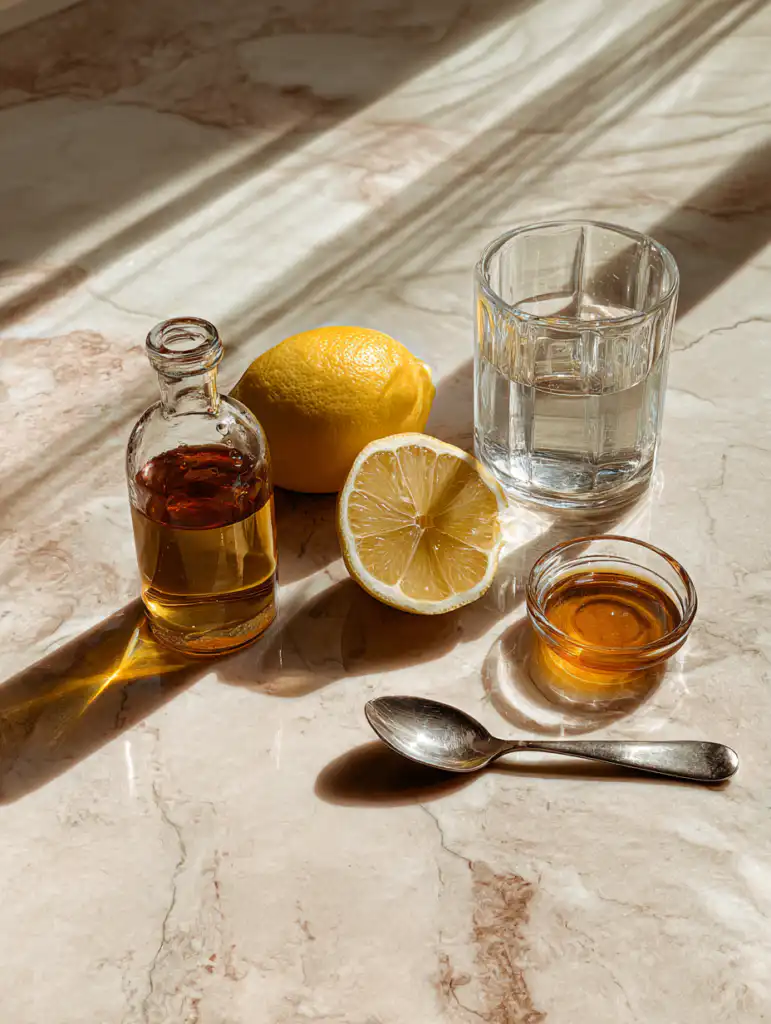 natural ozempic drink ingredients including lemon apple cider vinegar honey and water on marble surface