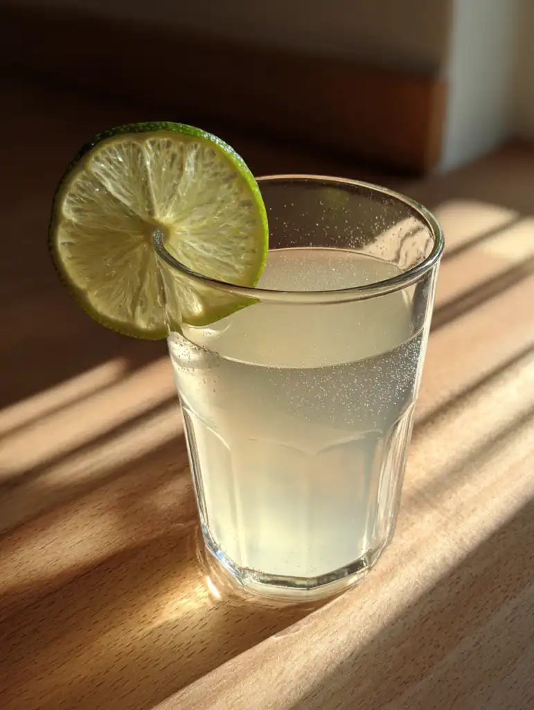 Suero drink recipe in a glass with lime slice on wooden table in natural light