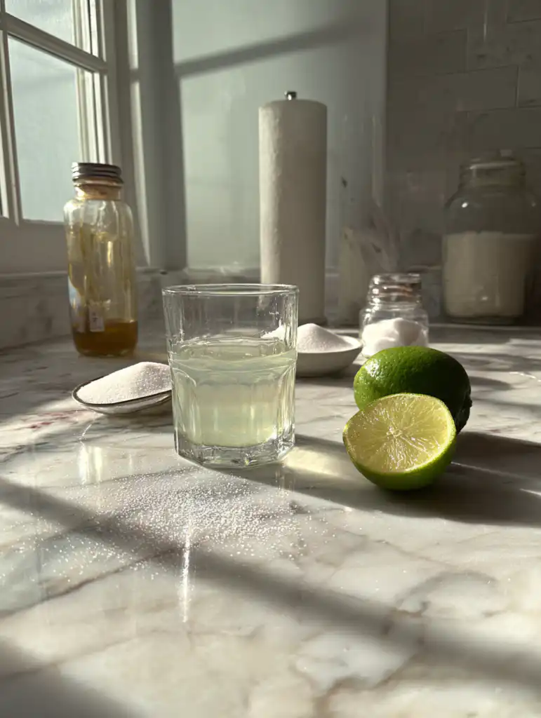 Suero drink recipe ingredients including water lime salt and sugar on marble surface
