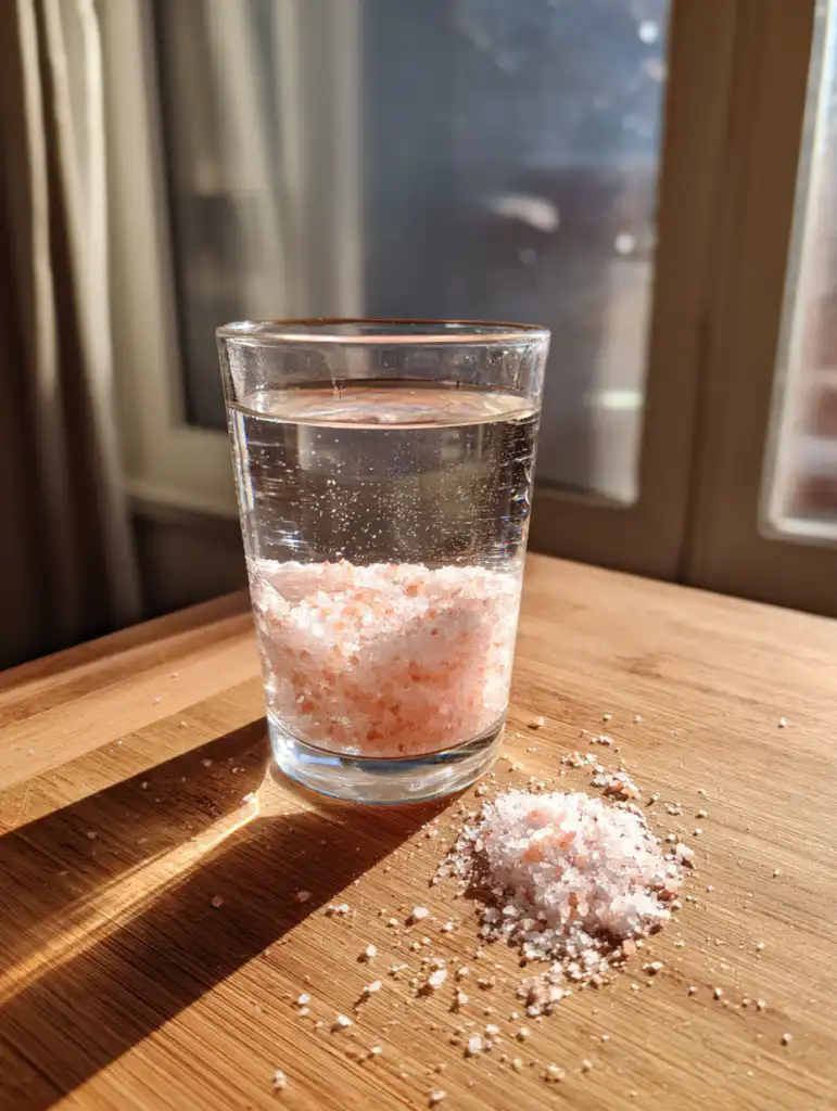 today show pink salt recipe in a clear glass with Himalayan pink salt on a wooden table in natural morning light
