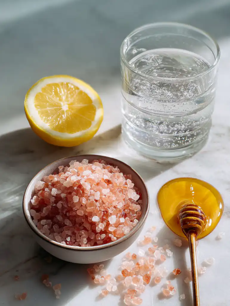 today show pink salt recipe ingredients including Himalayan pink salt water lemon and honey on a marble surface