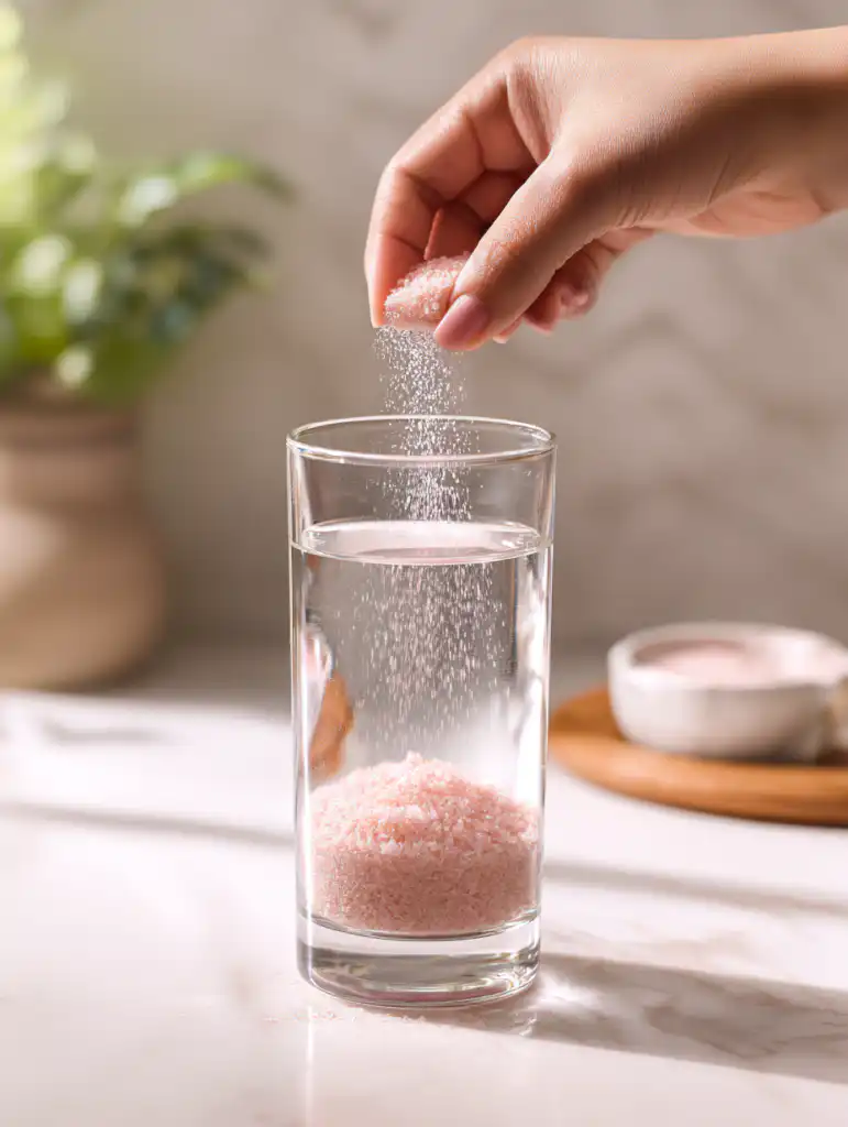 today show pink salt recipe step showing hand adding Himalayan pink salt into water in a glass