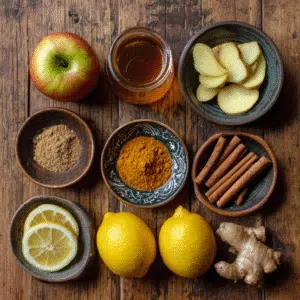 Ingredients for Natural Ozempic Drink - Apple Cider Vinegar, Cinnamon, Ginger, and Lemon