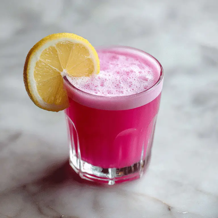 Starbucks Dragon Drink served in a clear glass with lemon wedge on marble countertop