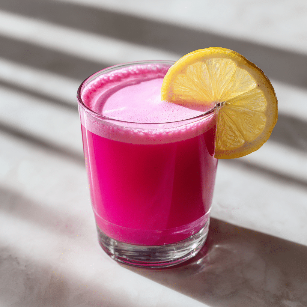 Starbucks Dragon Drink served in a clear glass with lemon wedge on marble countertop