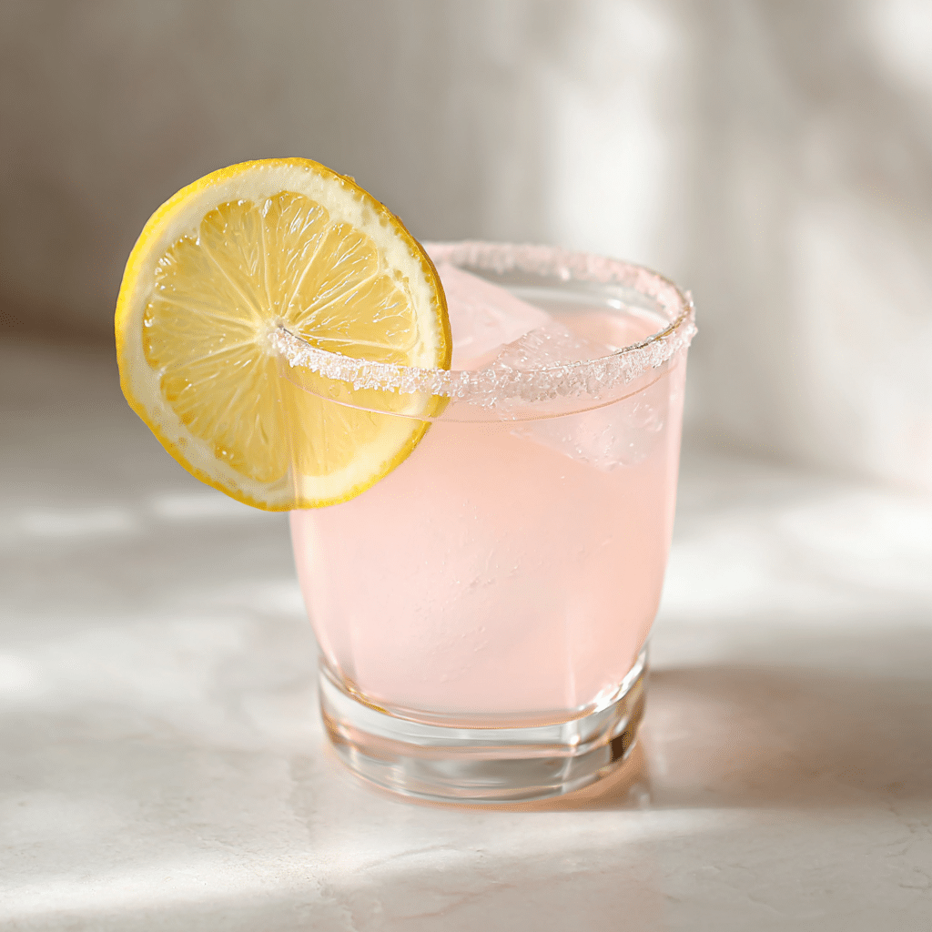 Glass of pink Himalayan salt water with a lemon slice, set on a marble countertop