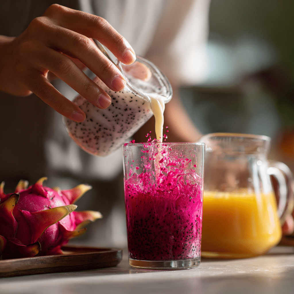 Mixing coconut milk, dragon fruit puree, and mango refresher for Starbucks Dragon Drink