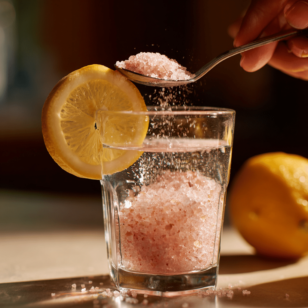 Stirring pink Himalayan salt in water, preparing the Pink Salt morning drink