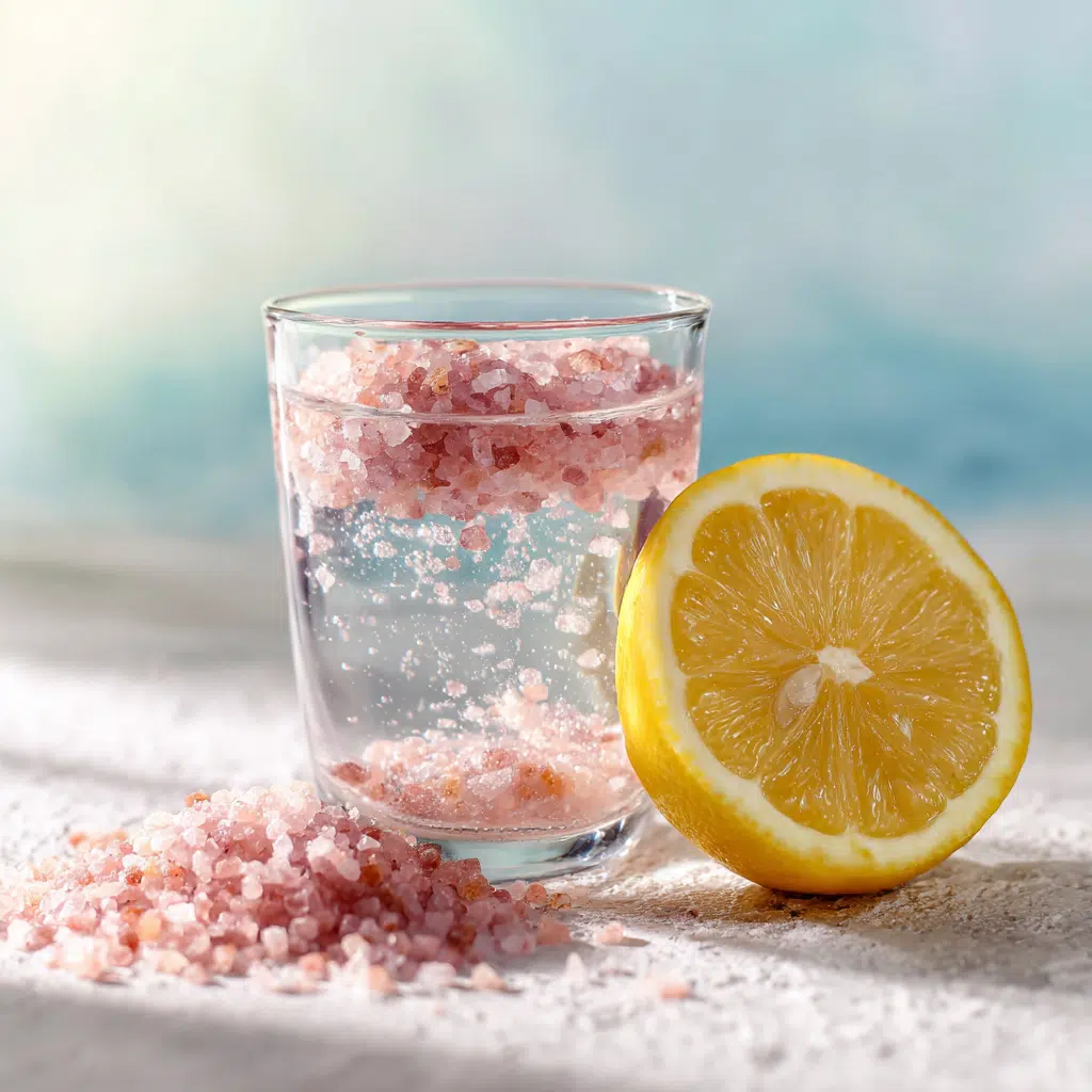 Glass of pink Himalayan salt water with lemon, Today Show Pink Salt Recipe