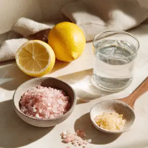 Ingredients for Today Show Pink Salt Recipe, pink Himalayan salt, lemon, water