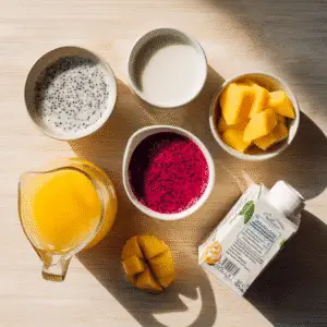 Ingredients for Starbucks Dragon Drink including coconut milk, dragon fruit puree, and mango refresher