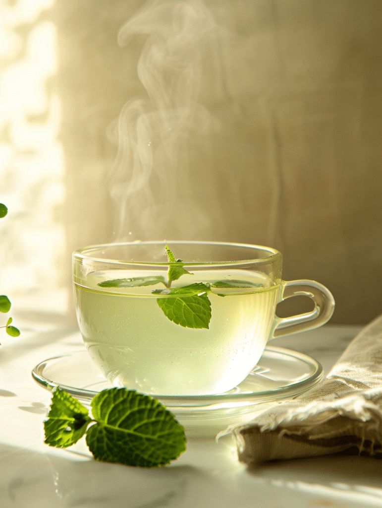 calming lemon balm tea in cup with soft steam and herbal leaves