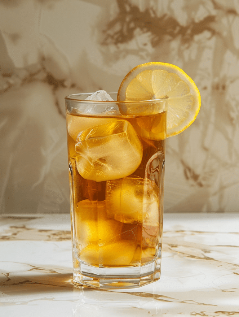iced lemon tea in glass with ice cubes