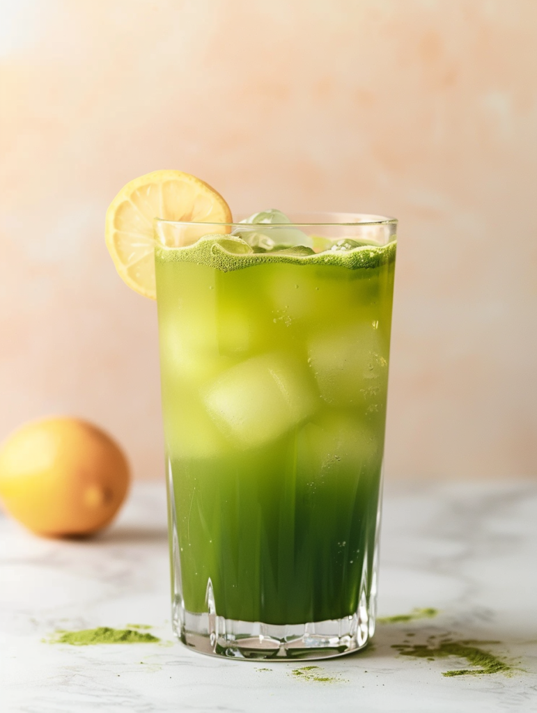 matcha lemonade in glass with green color and lemon slice