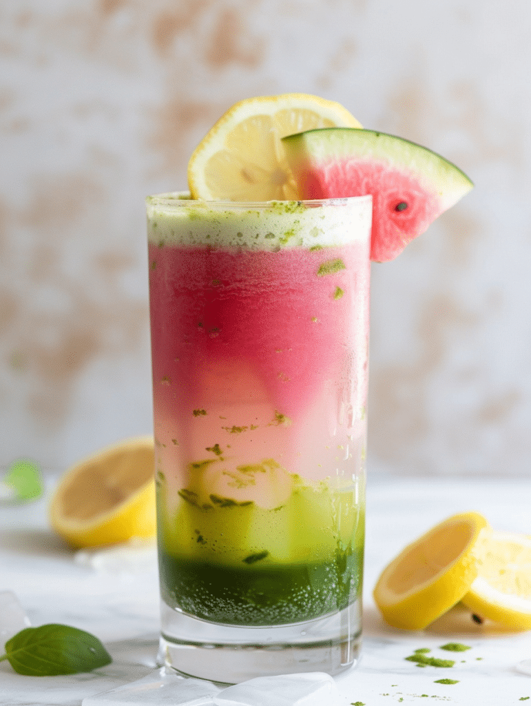 layered watermelon matcha lemonade in tall glass with lemon slice