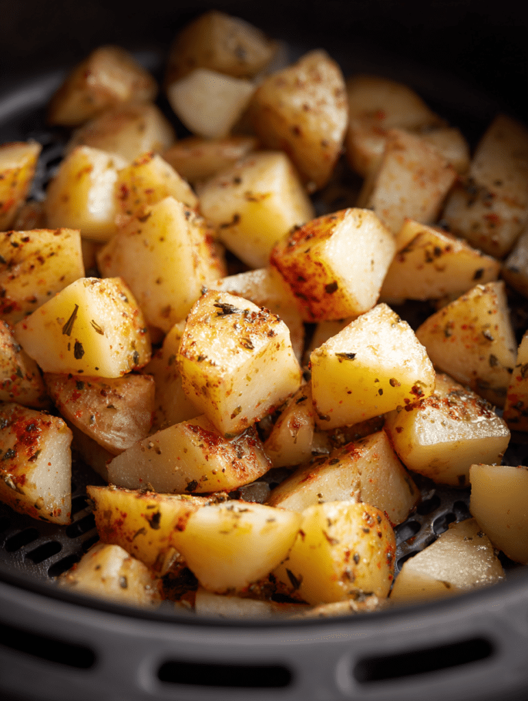 air fryer basket with breakfast potatoes