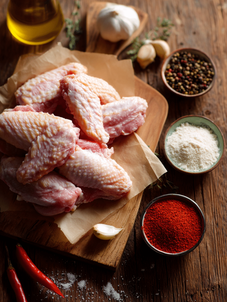air fryer buffalo wings ingredients laid out on kitchen counter