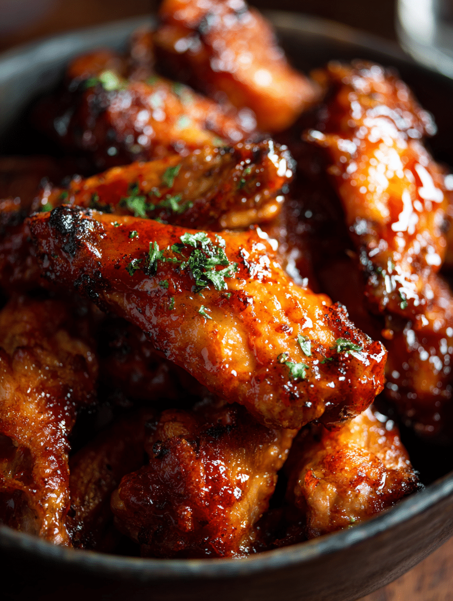air fryer buffalo wings coated in buffalo sauce