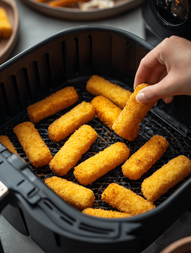 placing frozen cheese sticks in air fryer basket