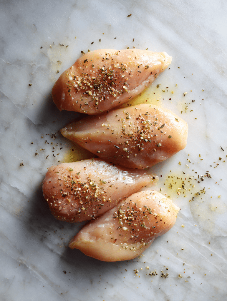 Air fryer chicken breasts ingredients including chicken olive oil salt pepper garlic powder and paprika on marble surface