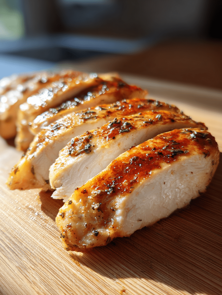 Air fryer chicken breasts juicy cooked chicken with golden edges on wooden table